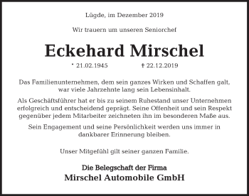 Traueranzeige von Eckehard Mirschel von Deister- und Weserzeitung