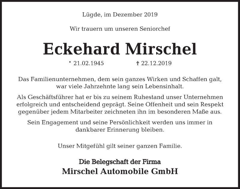  Traueranzeige für Eckehard Mirschel vom 03.01.2020 aus Deister- und Weserzeitung