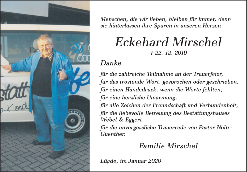  Traueranzeige für Eckehard Mirschel vom 18.01.2020 aus Deister- und Weserzeitung