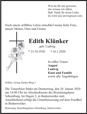 Traueranzeige von Edith Klünker von Deister- und Weserzeitung