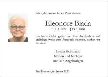 Traueranzeige von Eleonore Biada von Deister- und Weserzeitung