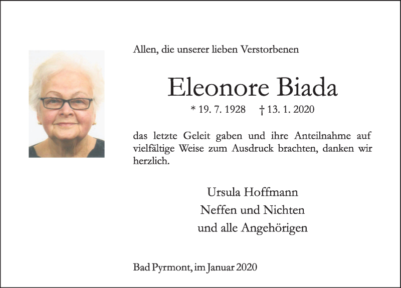  Traueranzeige für Eleonore Biada vom 01.02.2020 aus Deister- und Weserzeitung