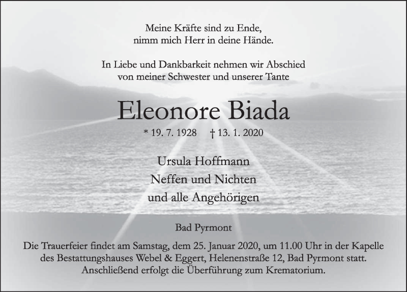  Traueranzeige für Eleonore Biada vom 18.01.2020 aus Deister- und Weserzeitung