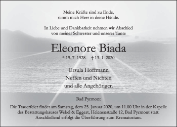 Traueranzeige von Eleonore Biada von Deister- und Weserzeitung