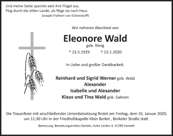 Traueranzeige von Eleonore Wald von Deister- und Weserzeitung