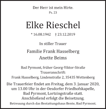 Traueranzeige von Elke Rieschel von Deister- und Weserzeitung