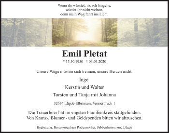 Traueranzeige von Emil Pletat von Deister- und Weserzeitung