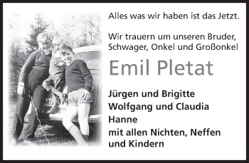 Traueranzeige von Emil Pletat von Deister- und Weserzeitung