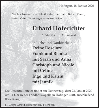 Traueranzeige von Erhard  Hoferichter von Deister- und Weserzeitung
