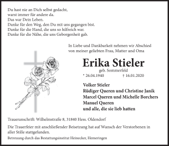 Traueranzeige von Erika Stieler von Deister- und Weserzeitung