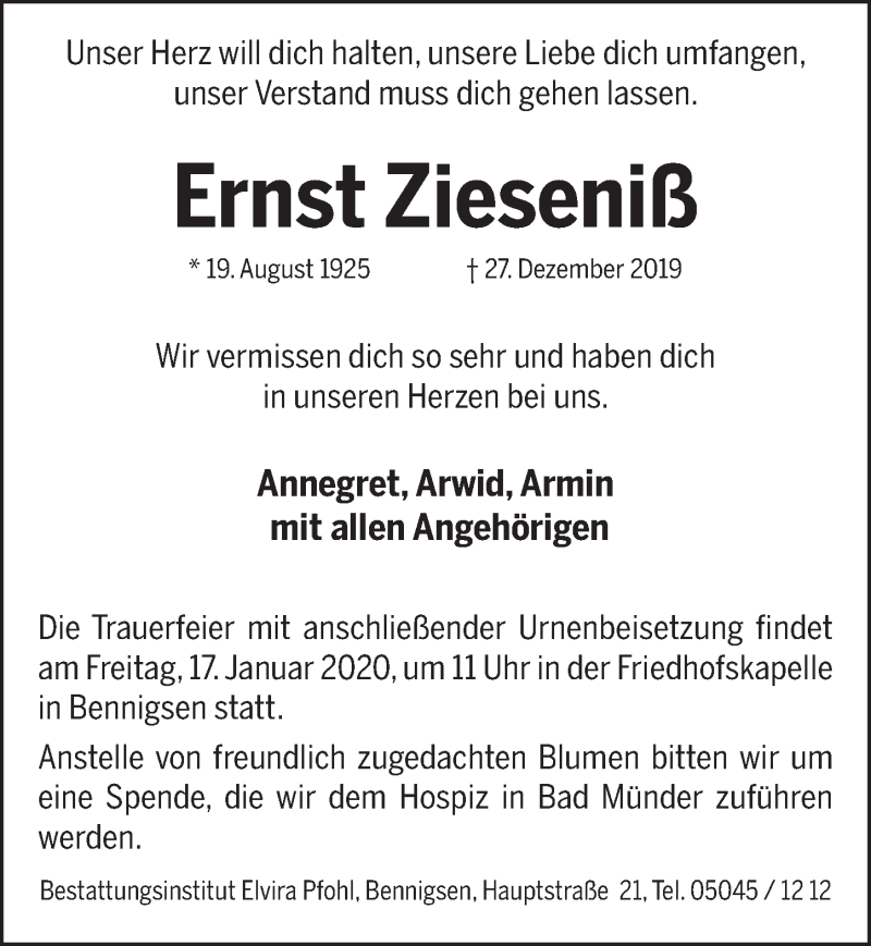  Traueranzeige für Ernst Zieseniß vom 11.01.2020 aus Neue Deister-Zeitung