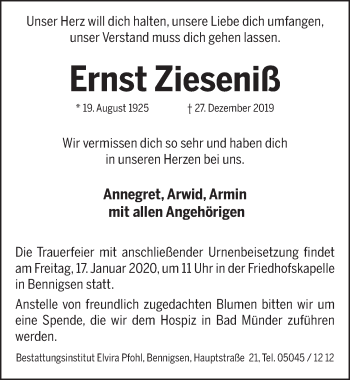 Traueranzeige von Ernst Zieseniß von Neue Deister-Zeitung