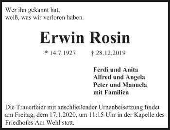Traueranzeige von Erwin Rosin von Deister- und Weserzeitung