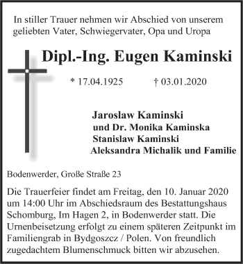 Traueranzeige von Eugen Kaminski von Deister- und Weserzeitung