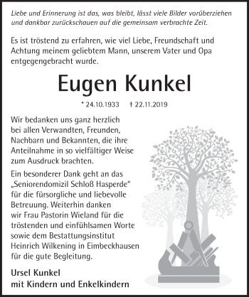 Traueranzeige von Eugen Kunkel von Neue Deister-Zeitung