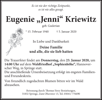Traueranzeige von Eugenie Kriewitz von Neue Deister-Zeitung