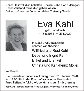 Traueranzeige von Eva Kahl von Deister- und Weserzeitung