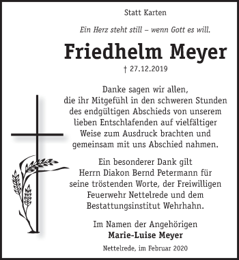 Traueranzeige von Friedhelm Meyer von Neue Deister-Zeitung