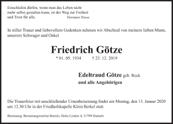 Traueranzeige von Friedrich Götze von Deister- und Weserzeitung