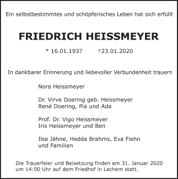 Traueranzeige von Friedrich Heissmeyer von Deister- und Weserzeitung