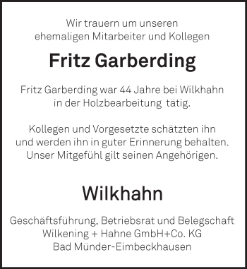 Traueranzeige von Fritz Garberding von Neue Deister-Zeitung