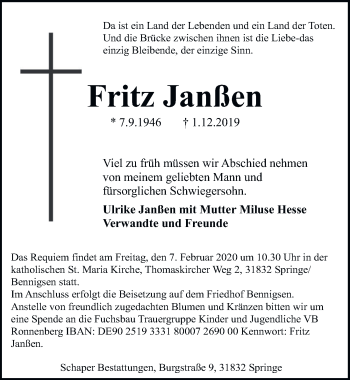 Traueranzeige von Fritz Janßen 