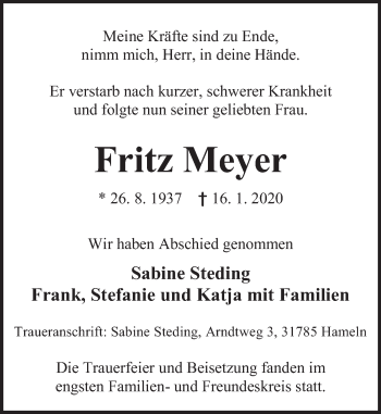 Traueranzeige von Fritz Meyer von Deister- und Weserzeitung