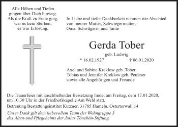 Traueranzeige von Gerda Tober von Deister- und Weserzeitung