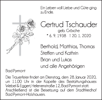 Traueranzeige von Gertrud Tschauder von Deister- und Weserzeitung