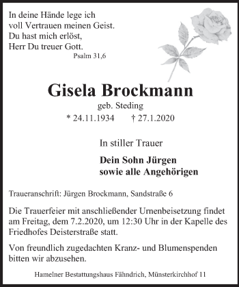 Traueranzeige von Gisela Brockmann von Deister- und Weserzeitung