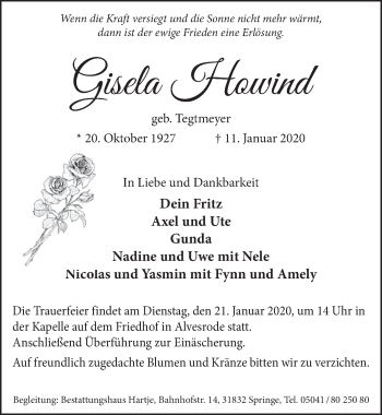 Traueranzeige von Gisela Howind von Neue Deister-Zeitung