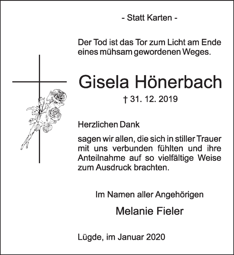  Traueranzeige für Gisela Hönerbach vom 25.01.2020 aus Deister- und Weserzeitung