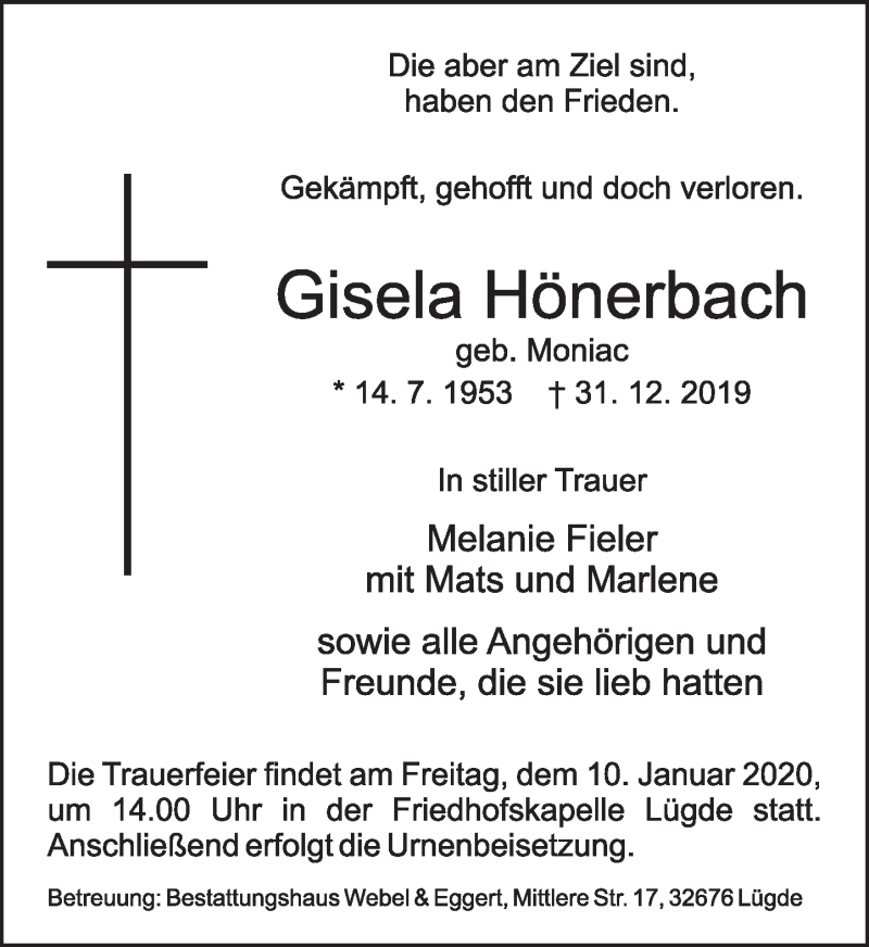  Traueranzeige für Gisela Hönerbach vom 07.01.2020 aus Deister- und Weserzeitung
