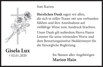 Traueranzeige von Gisela Lux von Deister- und Weserzeitung