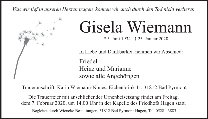  Traueranzeige für Gisela Wiemann vom 01.02.2020 aus Deister- und Weserzeitung