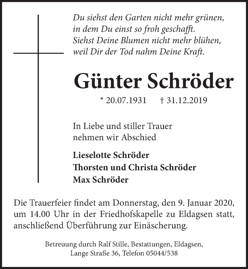  Traueranzeige für Günter Schröder vom 04.01.2020 aus Neue Deister-Zeitung