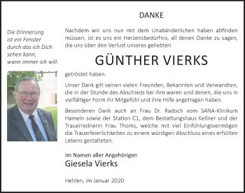 Traueranzeige von Günther Vierks von Deister- und Weserzeitung