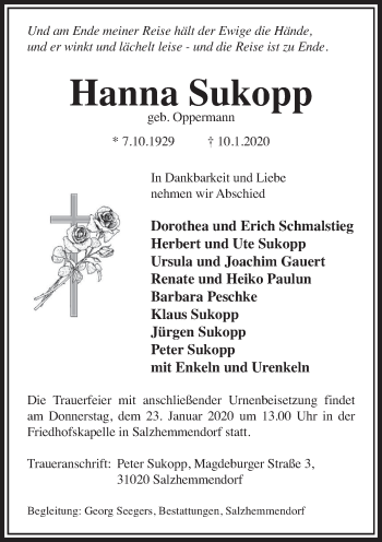 Traueranzeige von Hanna Sukopp von Deister- und Weserzeitung