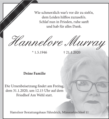 Traueranzeige von Hannelore Murray von Deister- und Weserzeitung