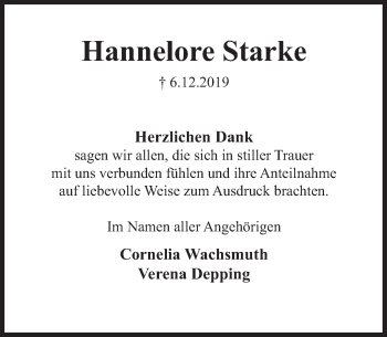 Traueranzeige von Hannelore Starke von Deister- und Weserzeitung