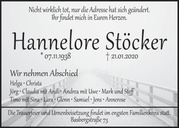 Traueranzeige von Hannelore Stöcker von Deister- und Weserzeitung