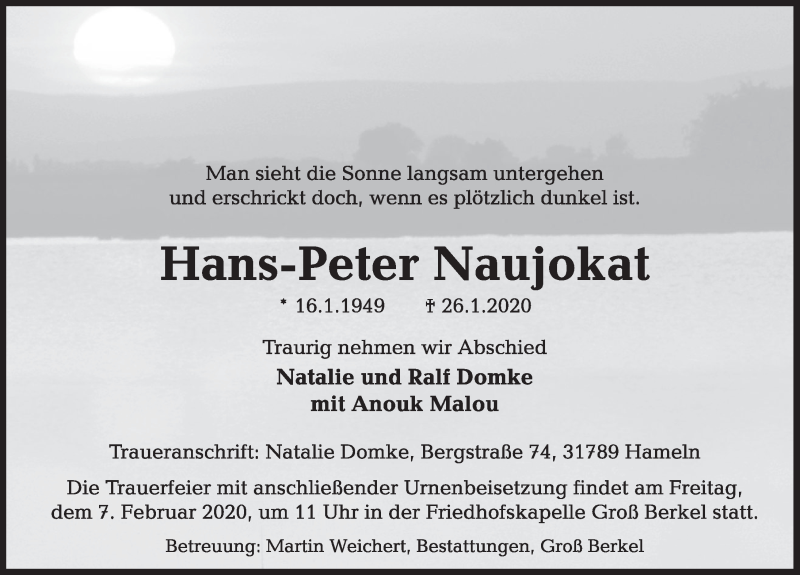  Traueranzeige für Hans-Peter Naujokat vom 01.02.2020 aus Deister- und Weserzeitung