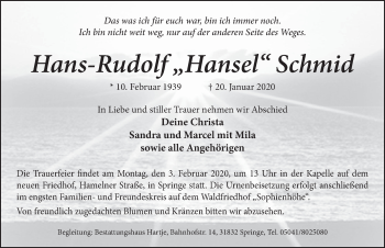 Traueranzeige von Hans-Rudolf Schmid von Neue Deister-Zeitung