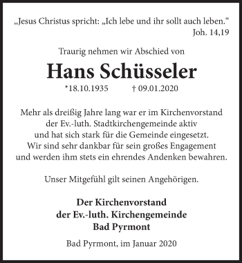 Traueranzeige von Hans Schüsseler von Deister- und Weserzeitung