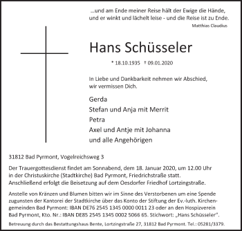 Traueranzeige von Hans Schüsseler von Deister- und Weserzeitung