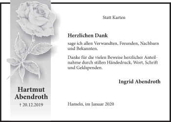 Traueranzeige von Hartmut Abendroth von Deister- und Weserzeitung