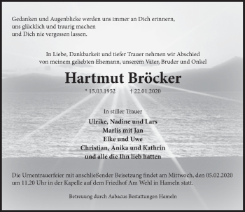 Traueranzeige von Hartmut Bröcker von Deister- und Weserzeitung