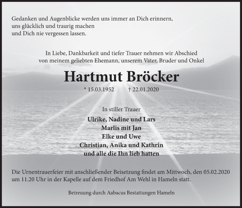  Traueranzeige für Hartmut Bröcker vom 01.02.2020 aus Deister- und Weserzeitung