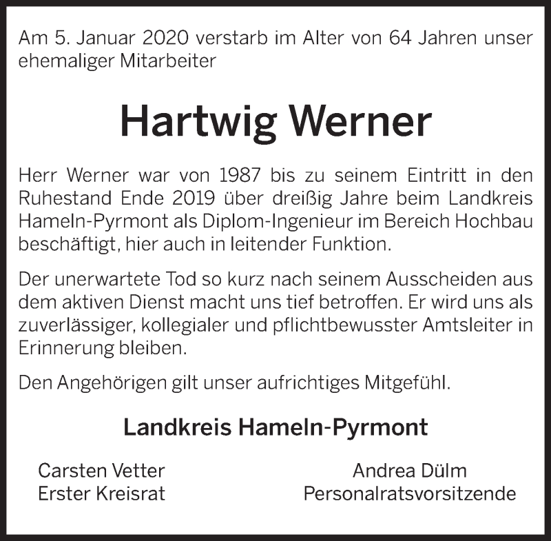  Traueranzeige für Hartwig Werner vom 08.01.2020 aus Deister- und Weserzeitung