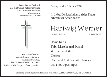 Traueranzeige von Hartwig Werner von Deister- und Weserzeitung